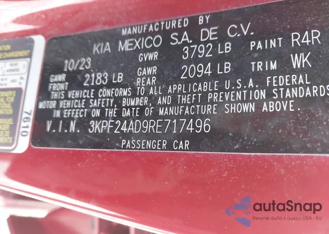 2024 Kia Forte Lxs z USA, uszkodzony, nr VIN 3KPF24AD9RE717496